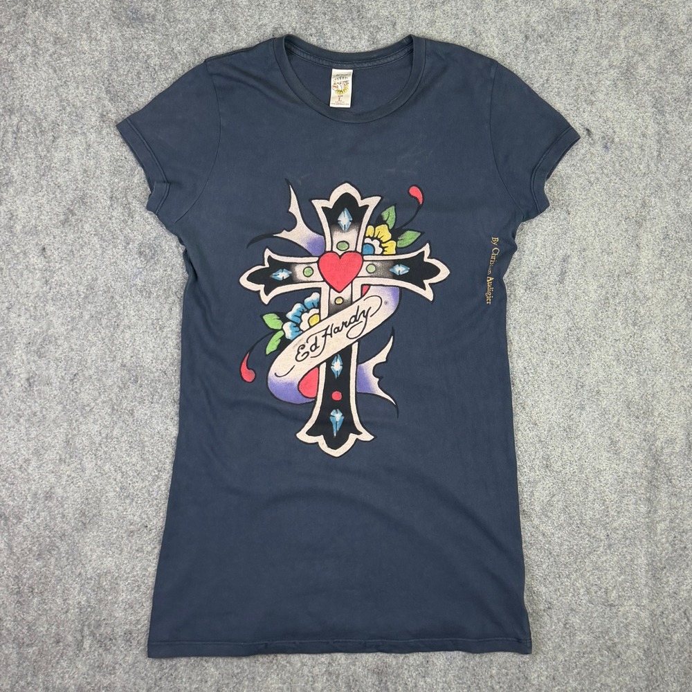 Vintage Ed Hardy Christian Audigier Cross Graphic T-Shirt Navy Blue Y2K USA L